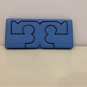 Tory Burch Serif Leather Blue Montego Clutch